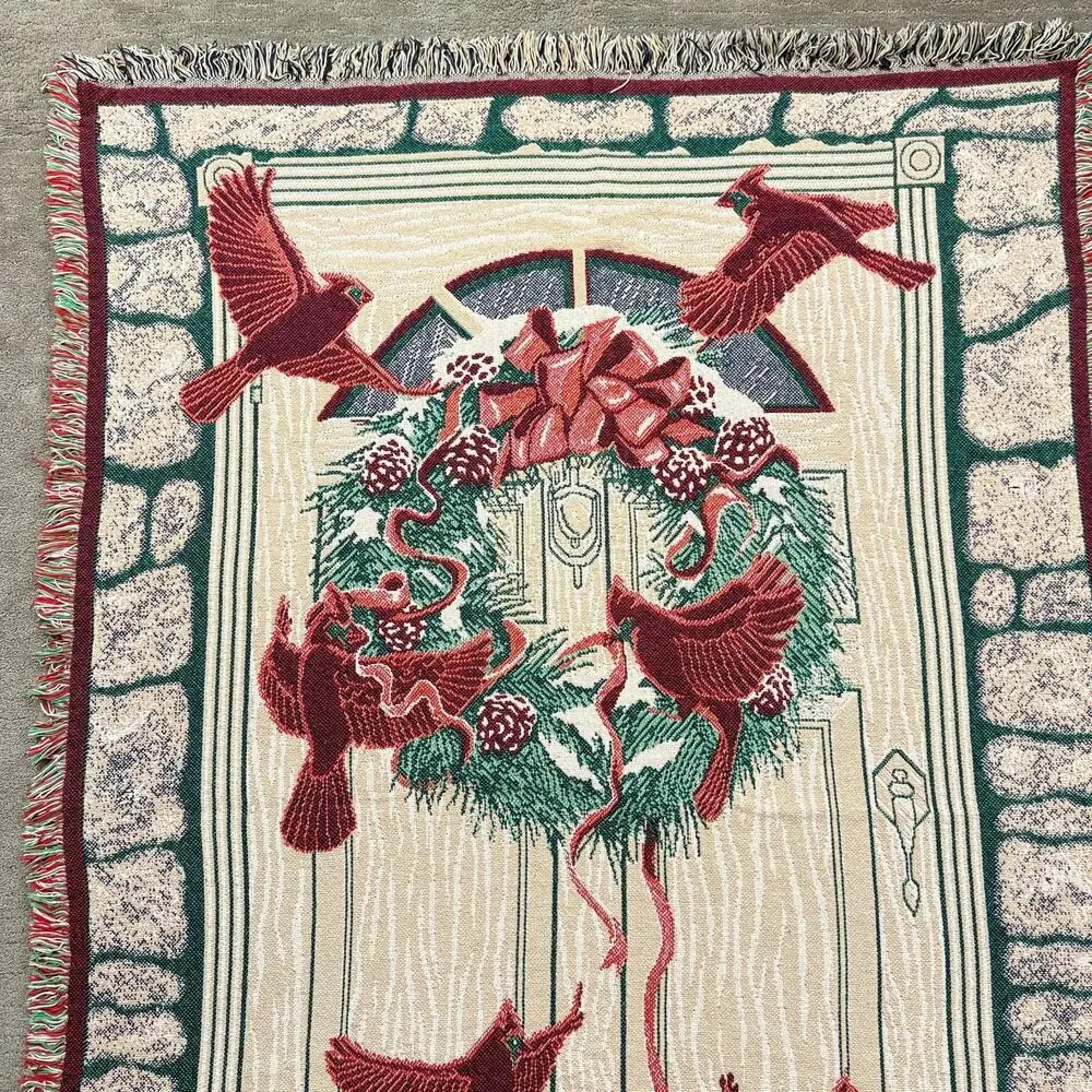 Vintage MWW 1993 Christmas Woven Tapestry Throw Blanket Wreath Cardinals 48 x 66